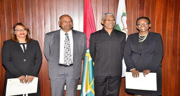 The two Puisne judges, Ms Jo-Ann Barlow (right) and Mrs Priya Sewnarine –Beharry (left ) with President David Granger and Chancellor of the Judiciary (ag) Carl Singh 
 