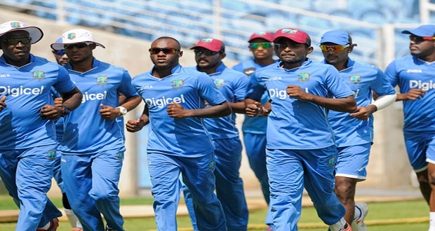 The West Indies team during their warm-up session.