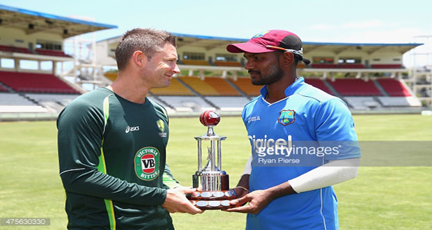 Captains Denesh Ramdin and Michael Clarke with the Frank Worrell Trophy. (Courtesy WICB Media/Randy Brooks)