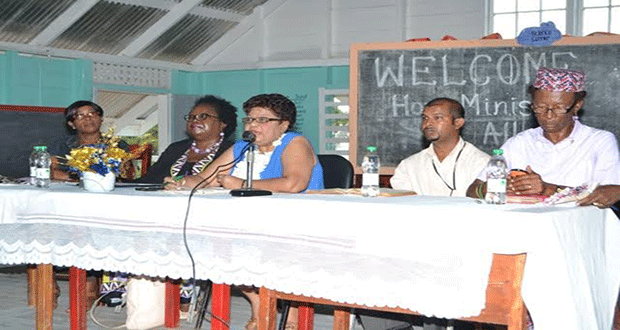 Projects Officer in the Ministry of Social Cohesion, Sharon Patterson; Administrator, Roxanne Meyers; Minister of Social Cohesion, Amna Ally; Regional Councillors, Abel Seetaram and Carol Smith Joseph at the Belladrum Primary School, yesterday