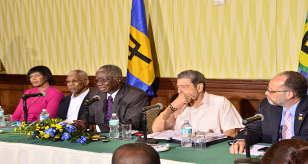 At Saturday’s press conference at the close of the 36th Regular Meeting of the Conference of Heads of Government of the Caribbean Community (CARICOM). Seated from left are: Jamaica’s Prime Minister Portia Simpson-Miller; Guyana’s President David Granger; Barbados’ Prime Minister Freundel Stuart; St Vincent and the Grenadines’ Prime Minister Ralph Gonsalves; and CARICOM Secretary-General, Ambassador Irwin LaRocque