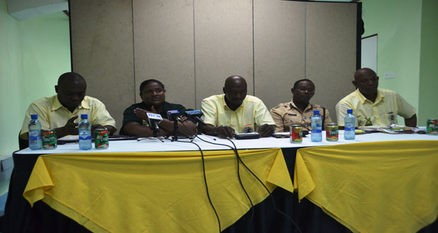 (From left) Media Officer Troy Peters, Stadium Staff Coordinator Sabrina Panday, Events Operations Officer of OPCO (Guyana) Inc. Kirk Douglas, Commander Clifton Hicken and Security and Safety Manager George Vyphuis.
