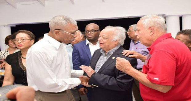 President David Granger sharing a light moment with Guyanese-born Sir Shridath Ramphal, who now lives in Barbados; and Mr. Fran Da Silva (right) during a cocktail reception at the home of Guyana’s Consul-General, Mr. Michael Brotherson