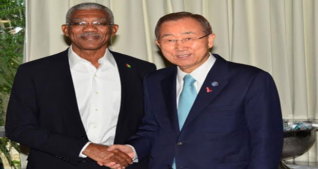 President David Granger met with United Nations Secretary General Ban Ki- Moon at the Hilton Hotel in Barbados where the 36th Regular meeting of the CARICOM Heads of Government was being held. President Granger was able to put forward Guyana’s position on the territorial dispute with Venezuela to the UN Secretary General who offered to mediate the border controversy between the two countries.