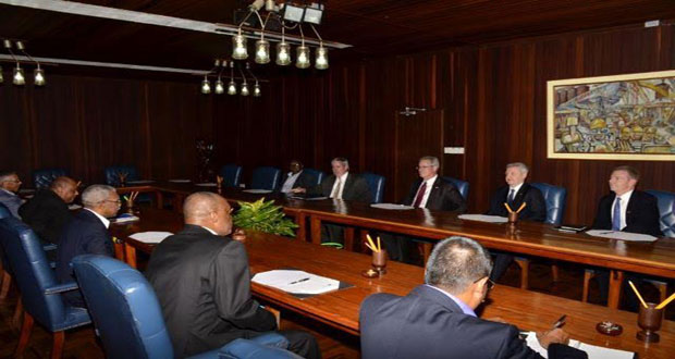 The Guyanese team led by President David Granger, meeting with ExxonMobil’s top officials on June 29, 2015