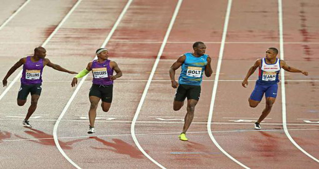 Six-time Olympic champion Usain Bolt eases over the finish line ahead of Michael Rodgers, Kim Collins and Chijindu Ujah.