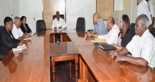 Finance Minister Winston Jordan (center) and his team, meeting with PPP’s officials for Annual Budget consultations