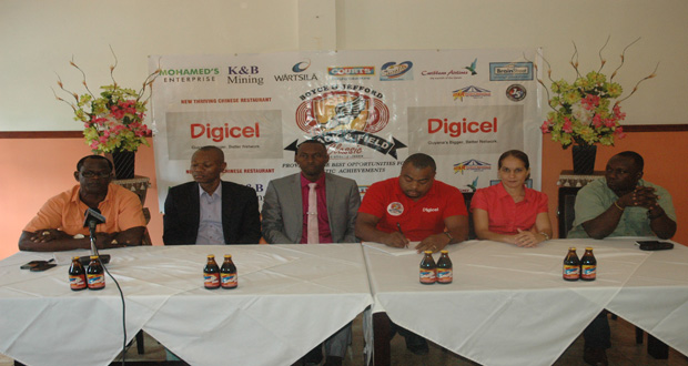 The head table at yesterday's launch. From left are: Chairman Colin Boyce, Caribbean Airline Representative Dion Innis, Director of Sport Christopher Jones, Co-Director, Edison Jefford, Ansa McAl Representative Annetta Hinds and Digicel Representative Gavin Hope.