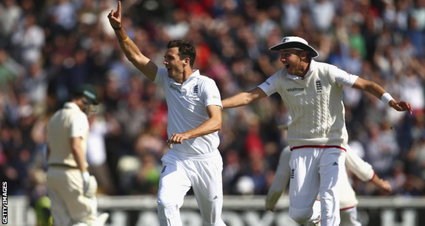 Steven Finn celebrates removing another Australia batsman in the third Investec Ashes match.