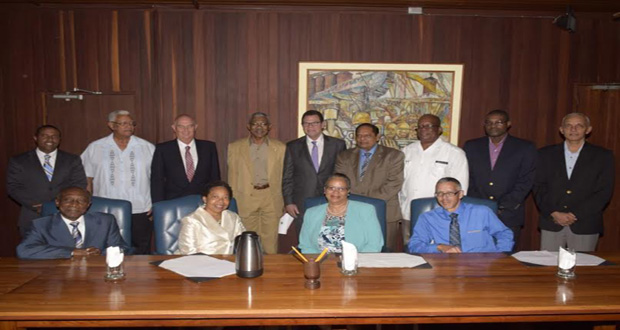 From left standing, Dr. Justin Ram, Director of Economics, Minister of Agriculture, Mr. Noel Holder, Mr. Andrew Dupiny, Director of Projects(Ag), President David Granger, President of the Caribbean Development Bank Dr. William Warren Smith, Prime Minister Moses Nagamootoo, Minister of Finance, Winston Jordan, Minister of Public Infrastructure, David Patterson and Minister of Communities Ronald Bulkan. Seated in front from left are Foreign Affairs Minister, Mr. Carl Greenidge, Mrs. Patricia Mc Kenzie, Vice President of Operations, Ms. Monica La Bennett, Deputy Director of Corporate Planning, and Minister of Business and Investment, Dominic Gaskin.