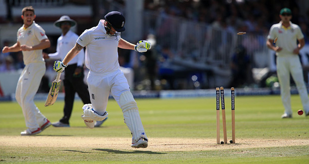 England’s Ben Stokes failed to ground anything as he tried to avoid Mitchell Johnson's throw and was run out on Day 4.