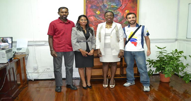 Minister Henry (second right) following a meeting at her office yesterday with, from left, GSSF’s Vidushi Persaud and Ryan McKinnon, and visiting Colombian archer, Diego Torres