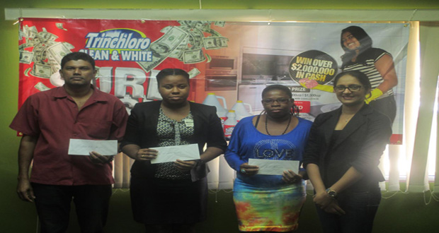 From right - TRINCHLORO Brand Manager Padma Prashad, Winners: Nicole Rodrigues, Coretta Culley and Amar Nauth Bhojan.