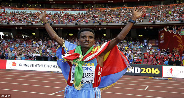 Eritrea’s Ghirmay Ghebreslassie won the marathon at the World Championships yesterday in a time of 2h. 12m. 27s.