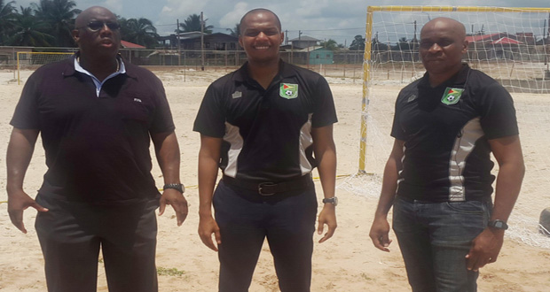 (L-R) FIFA Development Officer Howard McIntosh, GFF Normalisation Committee Chairman Clinton Urling and GFF Head of Referees Stanley Lancaster during a visit to Linden last Saturday.