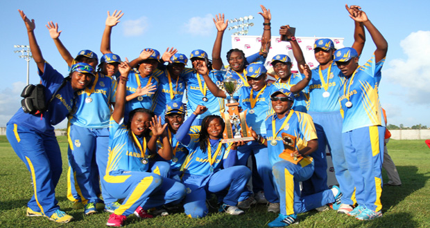 Winners Barbados celebrate with the Women’s Super50 trophy at the National Cricket Centre. (Photo by WICB Media/Ashley Allen)