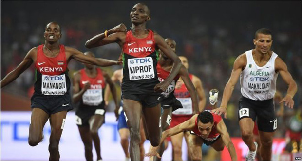 Asbel Kiprop (centre) just beat his compatriot Elija Manangoi to take gold in the 1500m event.