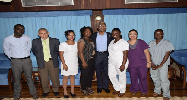 The group of nurse anaesthetists who met on Monday with President Granger and Minister of Public Health Dr George Norton at the Ministry of the Presidency. They are from left: Keon Sealey, Vidya Singh, Subrina Lewis, Ronke Griffith, Mompela Stephen, and Shenelle Ramit