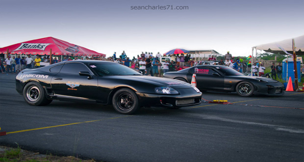 Rondel Dabi’s Toyota Supra (L) lines up against his brother Peter’s RX7 (R). (Photo by Sean Charles)
