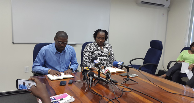Public Infrastructure Minister David Patterson and Junior Public Infrastructure Minister Annette Ferguson during a press conference on Monday