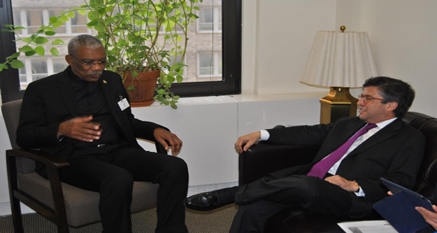 President David Granger gestures during a meeting yesterday with IDB President Luis Alberto Moreno, in New York
