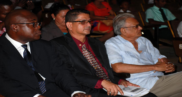 At last Friday’s Attendance Award Ceremony. Seated from left are: Chief Education Officer Olato Sam, Principal Education Officer Baydewan Ghir-Rambarran, and Minister of Education Dr. Rupert Roopnaraine