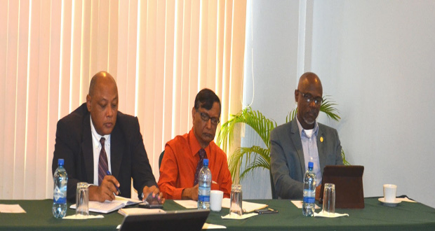 At yesterday’s meeting at the Grand Coastal Inn. Seated from left at the head table are: Minister of Governance, Raphael Trotman; former Presidential Adviser and Head of the Guyana Lands and Survey Commission, Andrew Bishop; and Presidential Adviser on the Environment, Rear Admiral, Gary Best