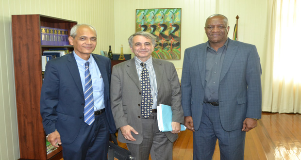 Ambassador/Representative of France in charge of the preparation for the Conference of Parties (COP) 21 Climate Change Conference Jean Mendelson and French Ambassador to Guyana and Suriname Michel Prom during a courtesy call on Minister of State Joseph Harmon on Thursday