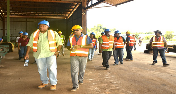 Minister of Governance Raphael Trotman being shown around the Barama Company Limited, Buck Hall Operations by General Manager Mohindra Chand (GINA photo)
Minister of Governance Raphael Trotman being shown around the Barama Company Limited, Buck Hall Operations by General Manager Mohindra Chand (GINA photo)