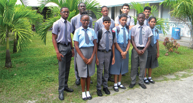 In front row (L-R) are K. George (12 Subjects) , J. Oodit (10 Subjects), S. Persaud (10 Subjects), K. Pouwen (10 Subjects), and P. Nehru (11 Subjects). In the back row (L-R) are C. Langevine (11 Subjects), C. Bovell (13 Subjects), M. Gasaway (12 Subjects), C. Gonsalves (11 Subjects), and C. Narine (5 Subjects)