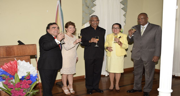 President David Granger, his wife Sandra Granger and Minister of State Joseph Harmon with Chilean Ambassador to Guyana Claudio Rachel Rojas and his wife at the Independence celebrations at Cara Lodge yesterday