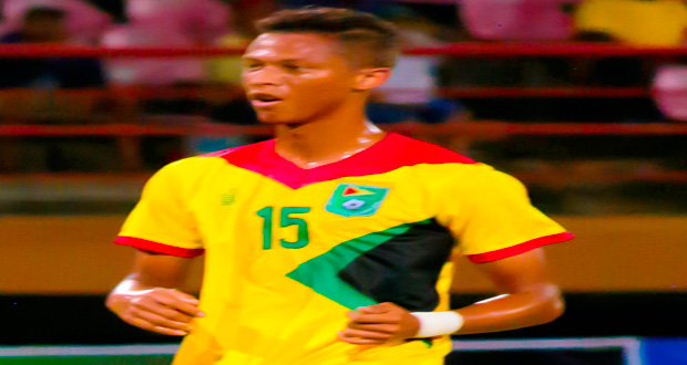 Brandon Beresford plays for Guyana against St Vincent and the Grenadines at the National Stadium during the World Cup Qualifiers. (Samuel Maughn photo)