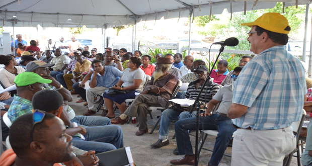 GGDMA Executive Charles DaSilva addressing miners at the special meeting to discuss mining concessions yesterday