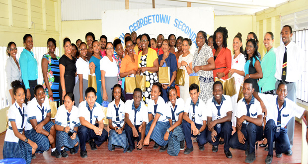 Students posing with their teachers yesterday at the North Georgetown Secondary School (Samuel Maughn photo)