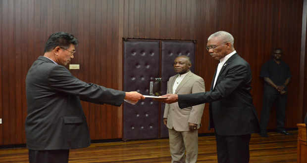 H.E. Pak Chung Yul, Ambassador of the Democratic People’s Republic of Korea, presenting his Letters of Credence to President David Granger, yesterday