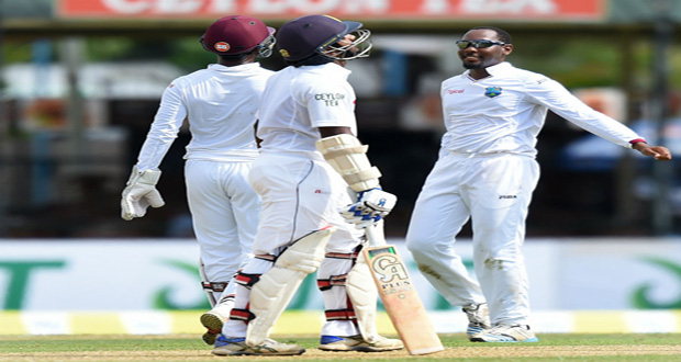 Jomel Warrican celebrates the wicket of Kusal Perera, Sri Lanka v West Indies, 2nd Test, Colombo, 1st day.