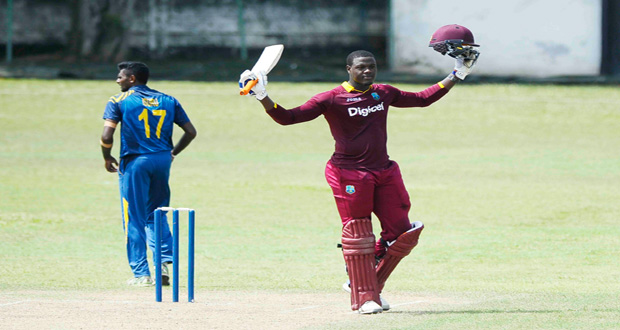 Carlos Braithwaite celebrates his maiden List A century against SLC President’s XI.