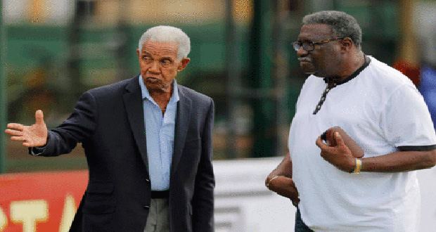 Sir Garfield Sobers (left) making a point to West Indies chairman of selectors Clive Lloyd during a practice session in Colombo, Sri Lanka, ahead of the second Test. (Picture courtesy WICB Media