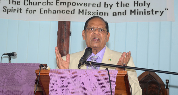 Prime Minister Moses Nagamootoo addressing the audience at the Moravian Church’s 3rd Biennial Conference on Sunday (Photos by Adrian Narine)