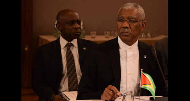 President David Granger and Foreign Affairs Minister Carl Greenidge at an event at the Commonwealth Heads of Government Meeting in Malta,on Sunday (Kawise Wishart photo)
