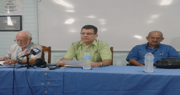From left: Communications Consultant to the Ogle Airport Kit Nascimento, OAI Board Chairman Michael Correia and OAI CEO Anthony Mekdeci speaking to reporters at Ogle International Airport