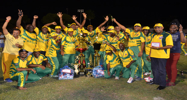 The Jubilant Regal team celebrate after winning both Masters and Open categories of the Guyana Softball Cup 5.