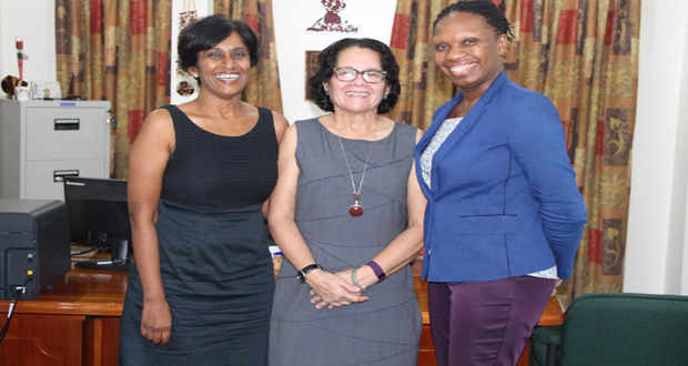Pictured here are, (from left) Dr. Mallika Mootoo, executive member of HERO, First Lady Mrs. Sandra Granger and Dr. Andrea Lambert, Vice- President of HERO, following their meeting at the Office of the First Lady