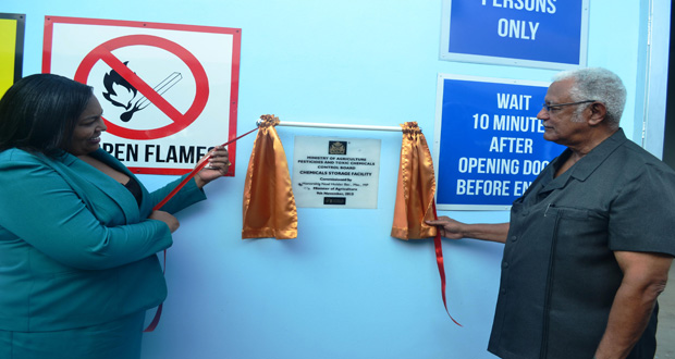 Registrar of the Pesticides Board, Ms Trecia, and Agriculture Minister Noel Holder officially commission the Chemical Storage facility