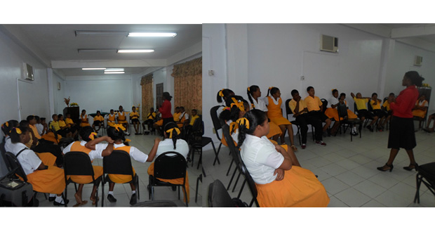 Students of Baramita School being briefed on self-esteem and hygiene at the Ocean View Hotel, yesterday