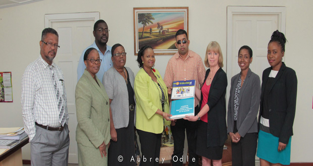 From left Mr Charles Ogle, Chief Labour Officer; PS Ms Lorene Baird; Mr Whentworth Tanner, Director of Social Services; Ms Ann Greene,Directorof Child Protection Agency; Mnister MsVolda Lawrence; Mr Ganesh Singh, NCD Director; MS Marianne Flach, UNICEF Representative for Guyana and Suriname; Ms Jewel Mbozi, UNICEF Communications Officer and Ms Shellon Eversly, Programme Assistant, UNICEF