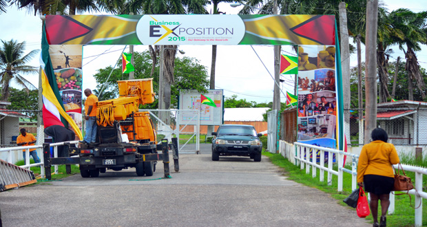 The main entrance to the Sophia Exhibition Complex being readied for the grand Small Business Exhibition today (Samuel Maughn photo)