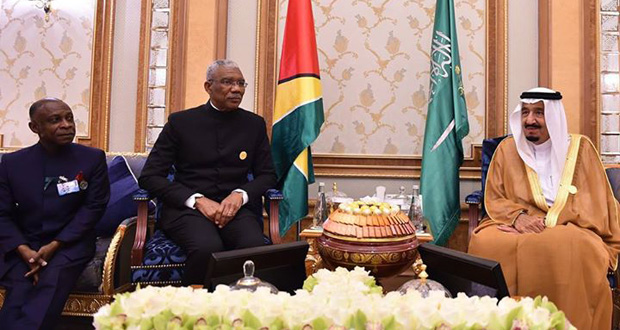 His Excellency President of the Cooperative Republic of Guyana Brigadier David A. Granger with His Highness King of Saudi Arabia Salman bin Abdulaziz Al Saud at the Fourth Summit of the Arab and South American Countries (ASPA). Also in photograph is Guyana's Foreign Minister The Hon. Carl Greenidge
