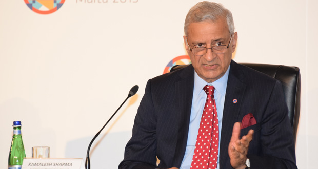 Commonwealth Secretary-General Kamalesh Sharma speaks during  a press conference on Saturday in Malta.