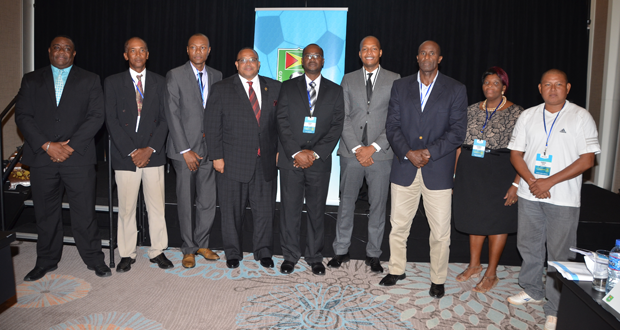 From L to R...Neil Cochrane (General Secretary CFU), Keith O'Jeer (Committee member), Dion Inniss (Committee member), Gordon Derrik (President of CFU), Wayne Forde (President of GFF, Clinton Urling (outgoing NC Chairman), Bruce Lovell (1st VP of GFF, Magzene Stewart (Committee member) and Ryan Farias (Committee member). (Delano Williams photo)